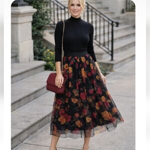 Love + Joy Floral Tulle Midi Skirt Black Rose Print Elastic Waist M